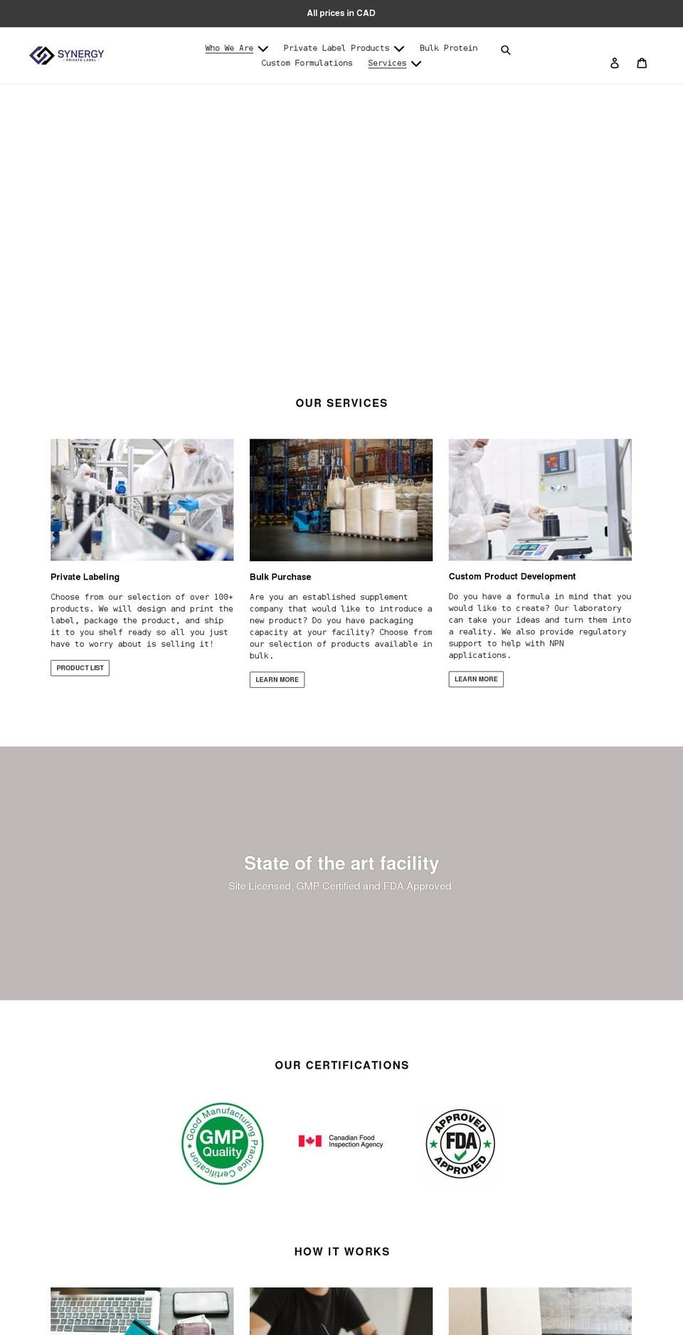 synergyprivatelabel.com shopify website screenshot