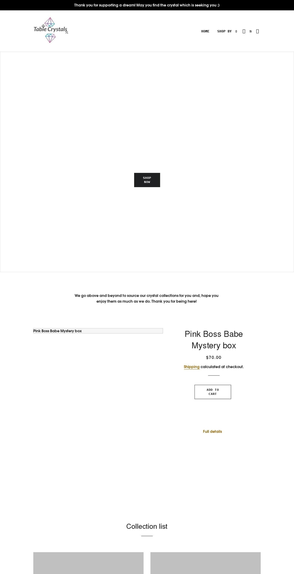 tabiecrystals.com shopify website screenshot
