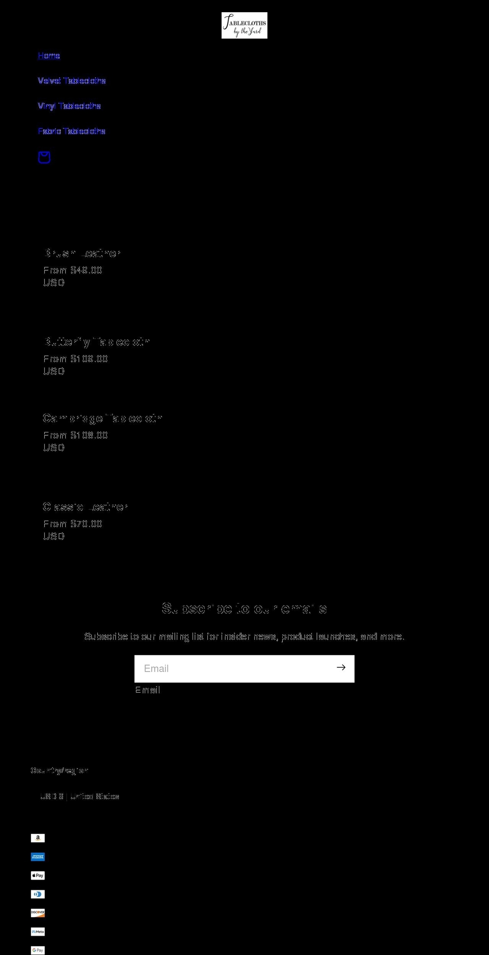 tableclothsbytheyard.com shopify website screenshot