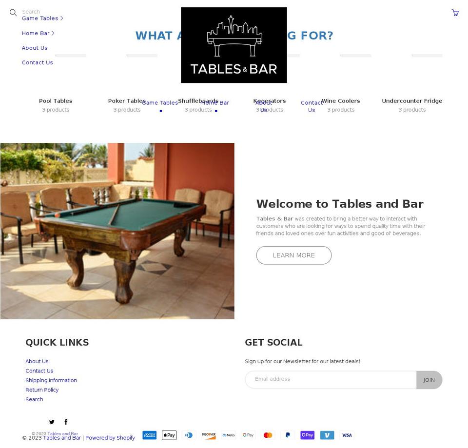 tablesandbar.com shopify website screenshot