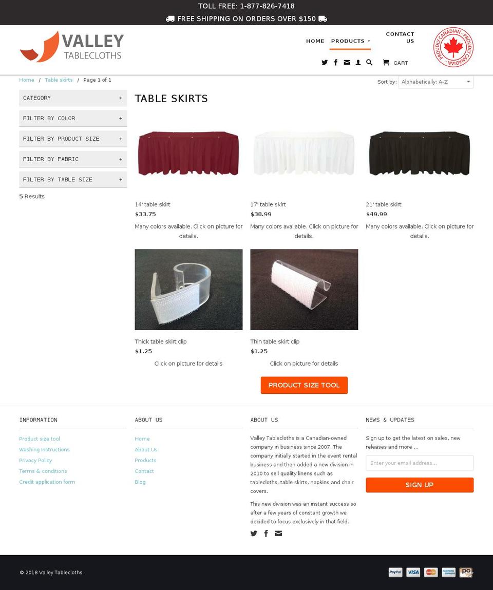Valley Tablecloth Shopify theme site example tableskirtscanada.com