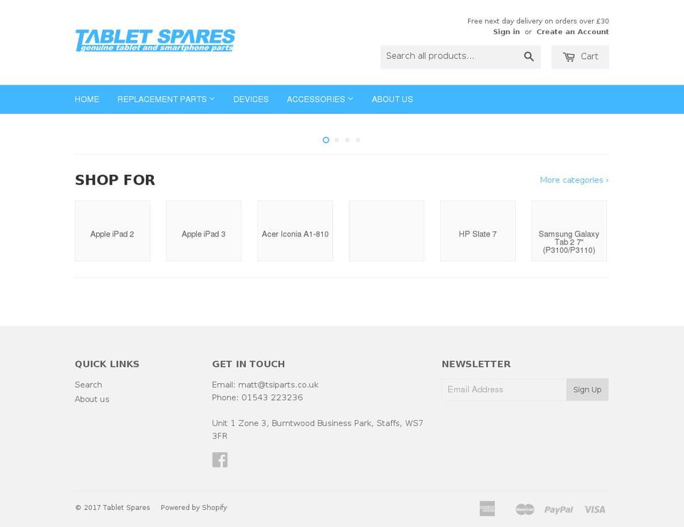 tabletspares.com shopify website screenshot