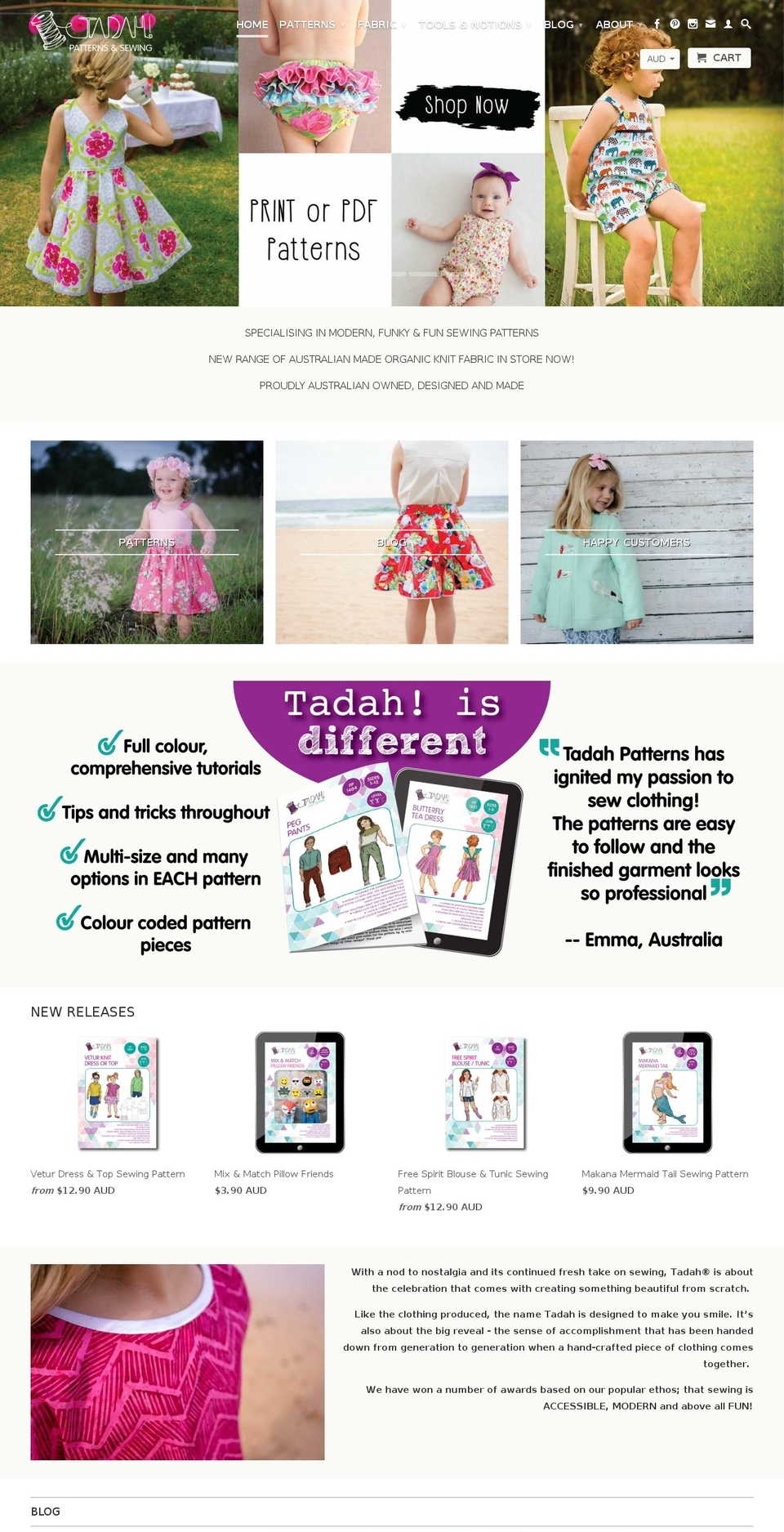 tadahpatterns.biz shopify website screenshot