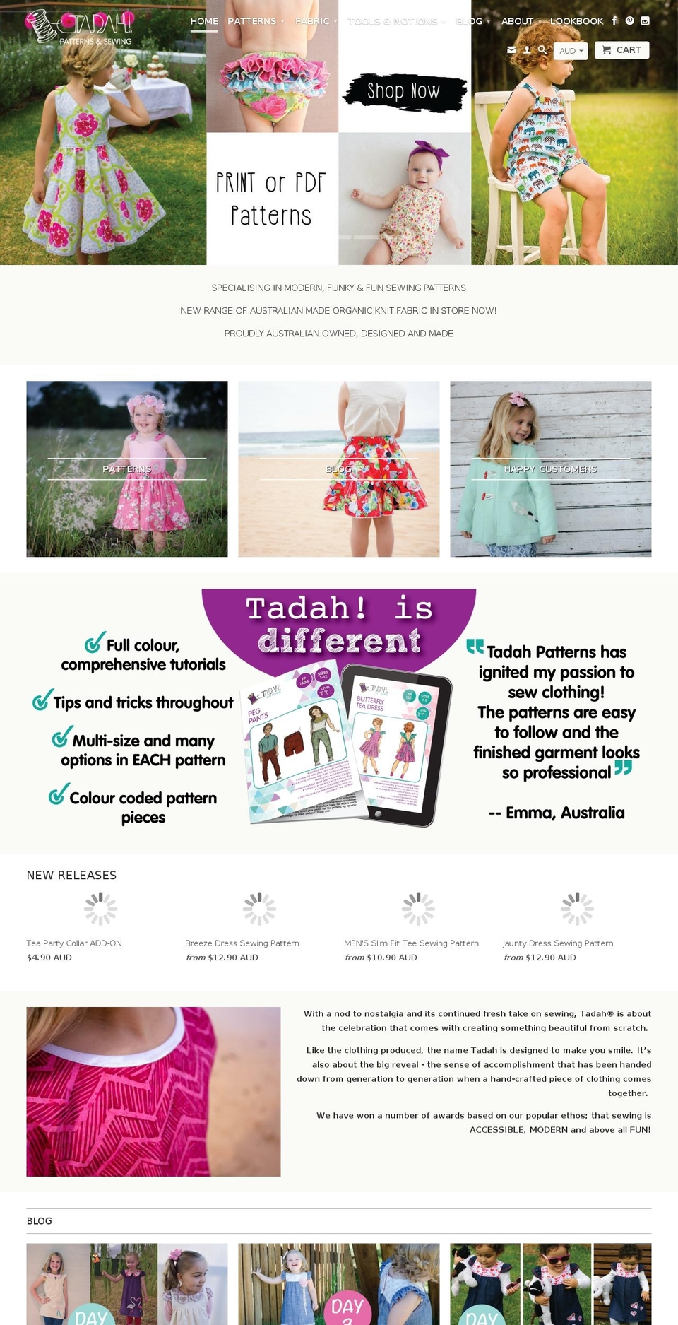 tadahpatterns.net shopify website screenshot