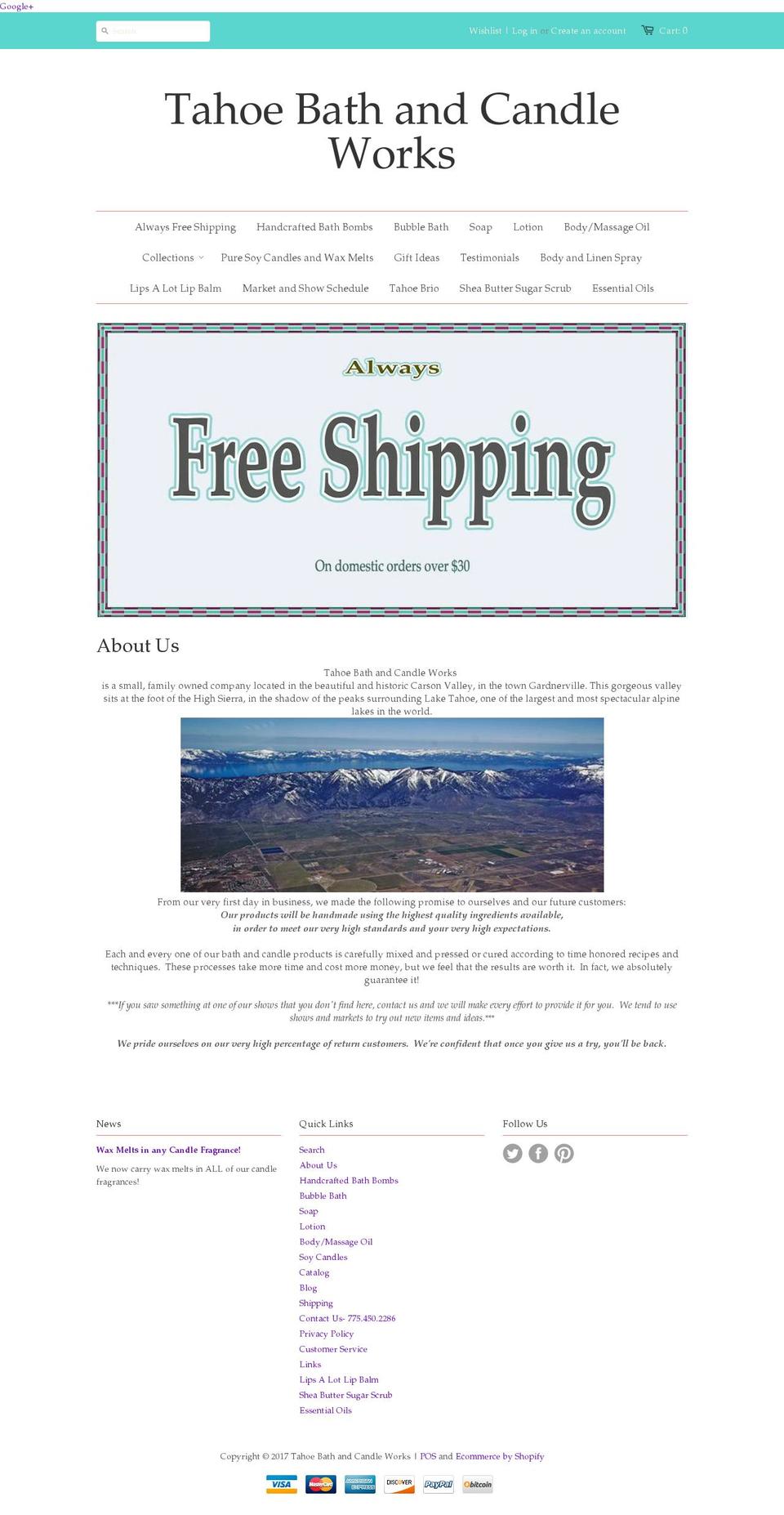 tahoebathandcandleworks.com shopify website screenshot