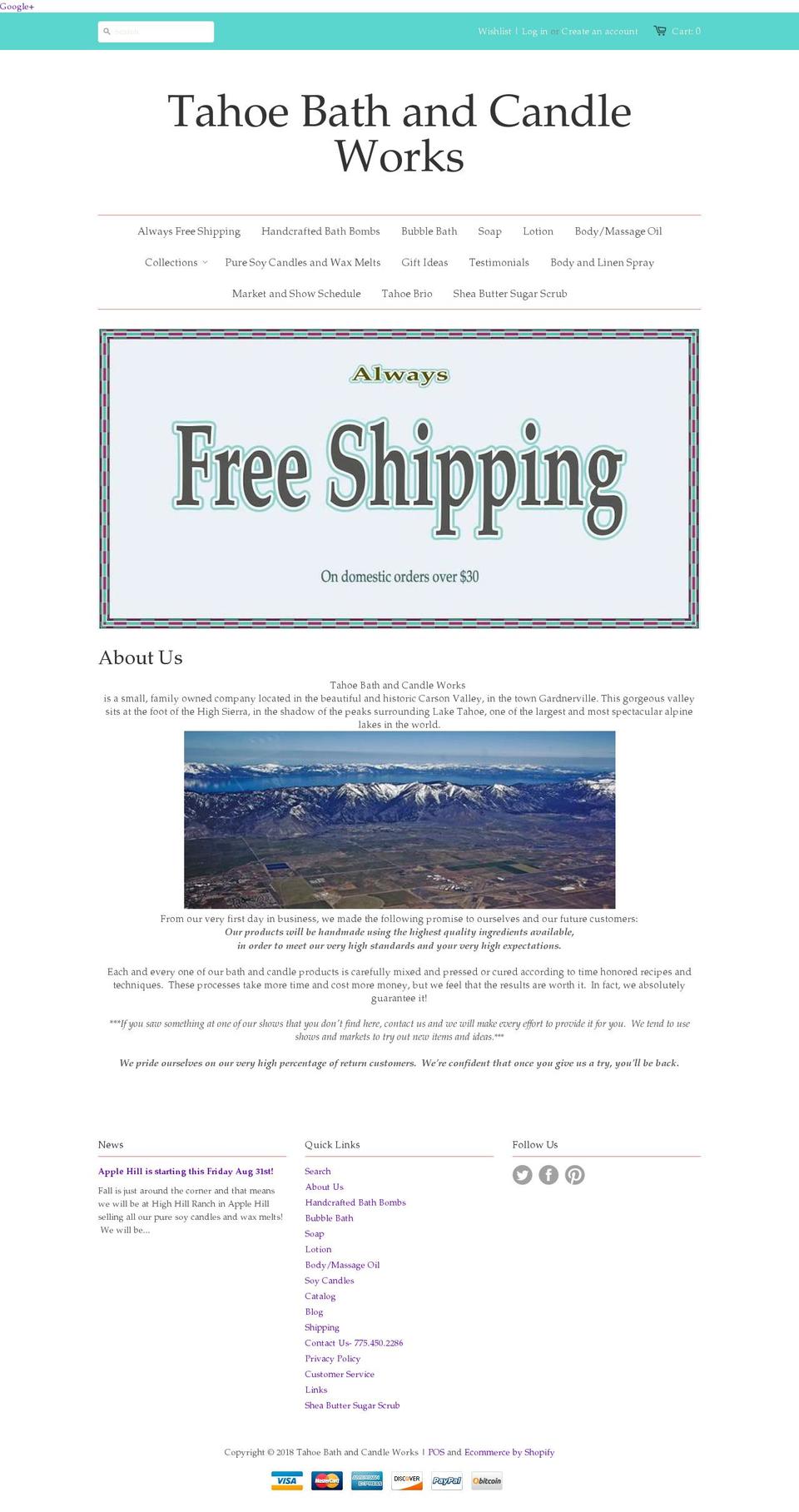 tahoecandleworks.com — Shopify storefront screenshot