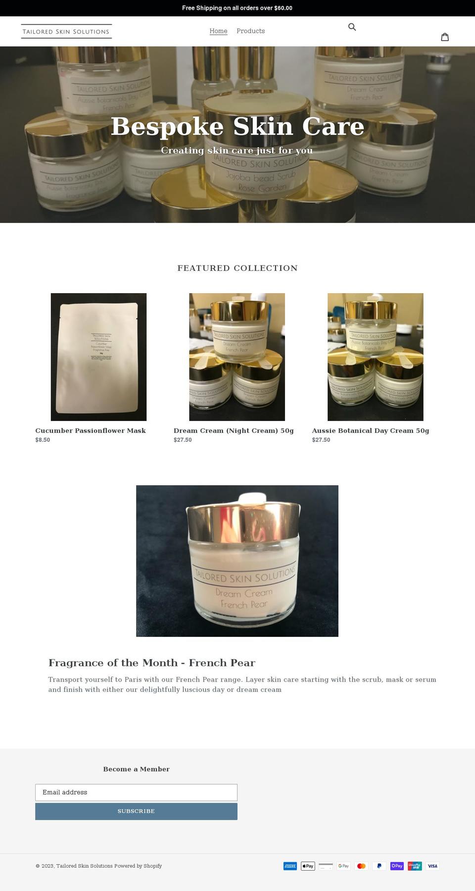 tailoredskinsolutions.com.au shopify website screenshot