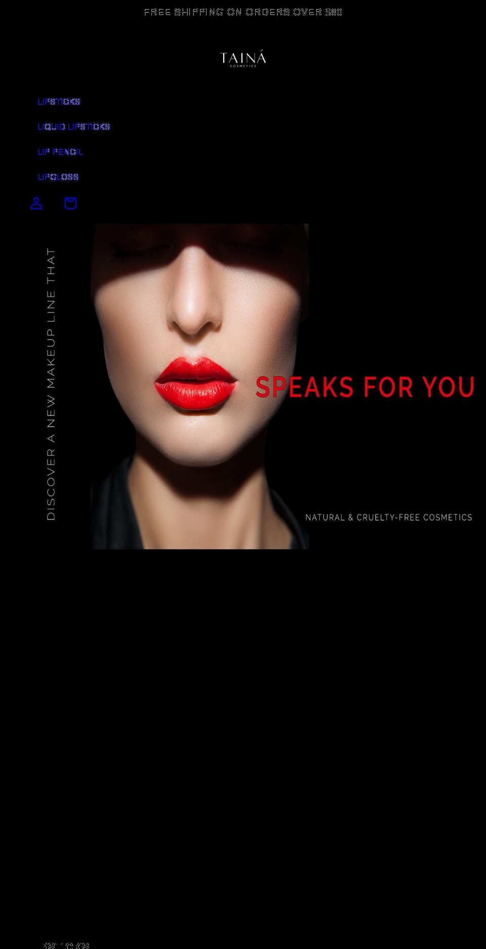 tainacosmetics.com shopify website screenshot