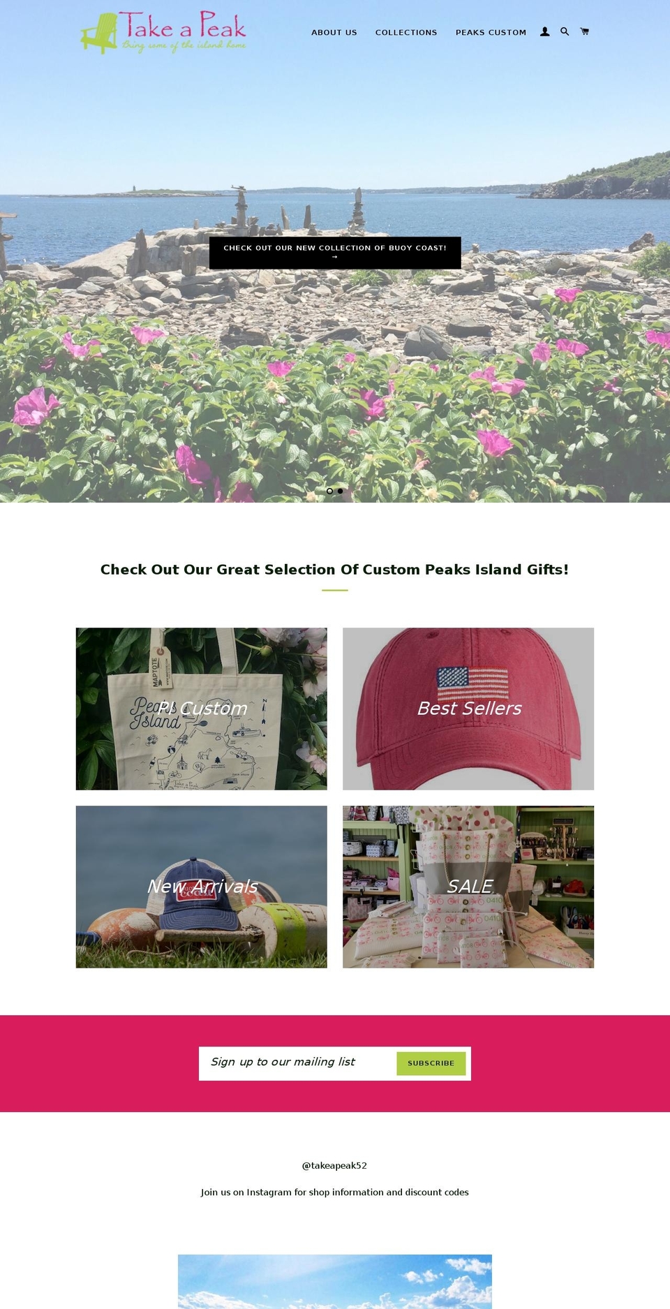 takeapeaksisland.com shopify website screenshot
