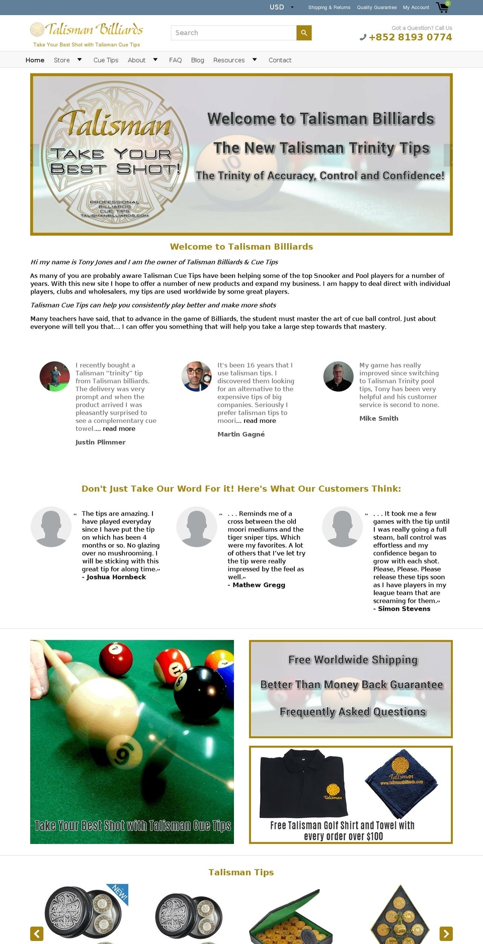 talismanbilliards.com shopify website screenshot