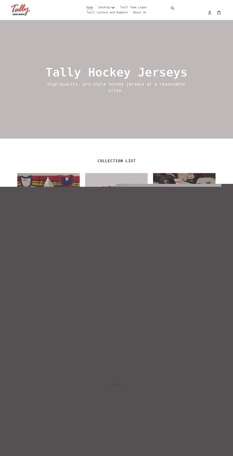 tallycustomhockeyjerseys.com shopify website screenshot