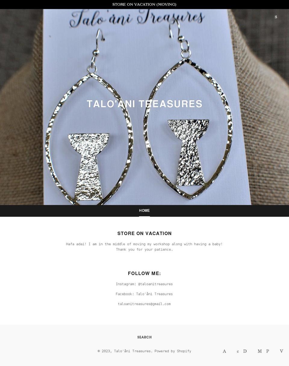 taloanitreasures.com shopify website screenshot