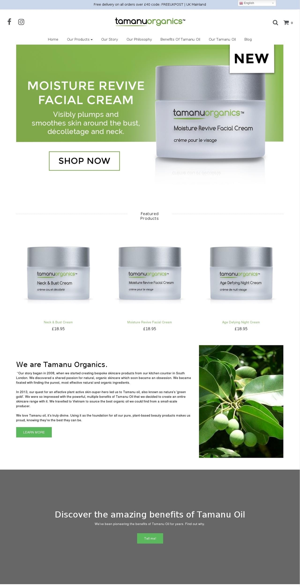 tamanuorganics.com — Shopify storefront screenshot