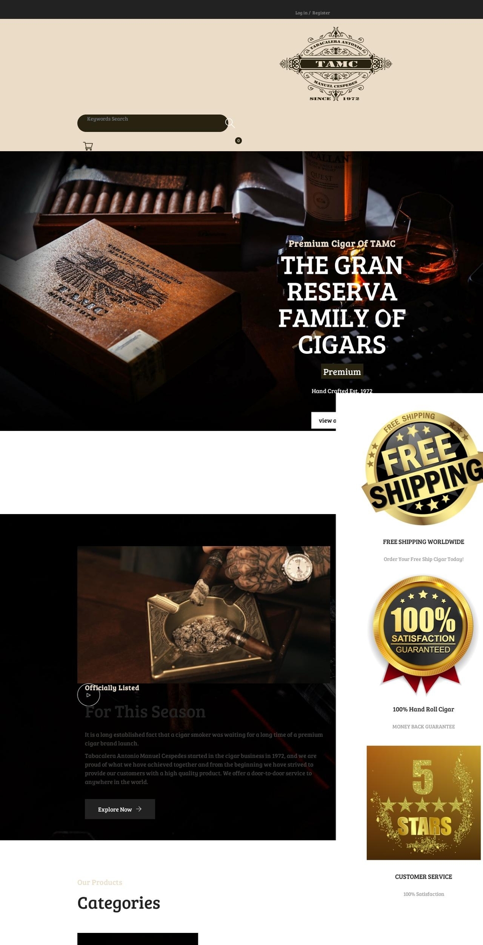 tamccigar.com shopify website screenshot