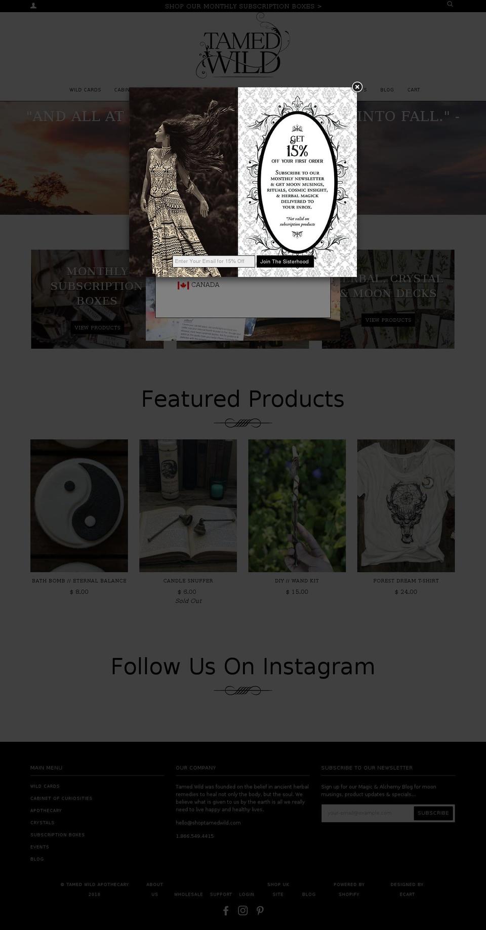 tamedwildapothecary.com — Shopify storefront screenshot
