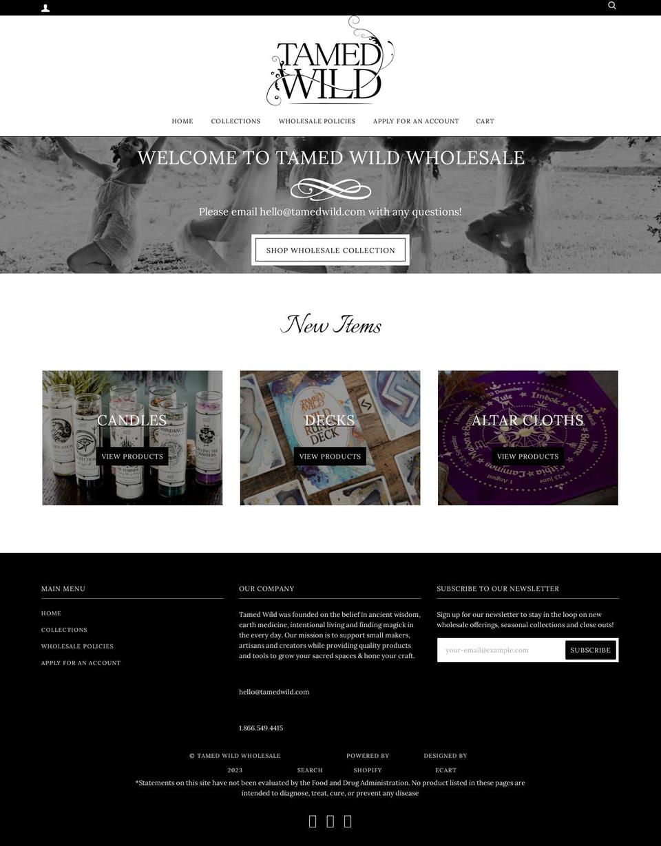 tamedwildwholesale.com shopify website screenshot