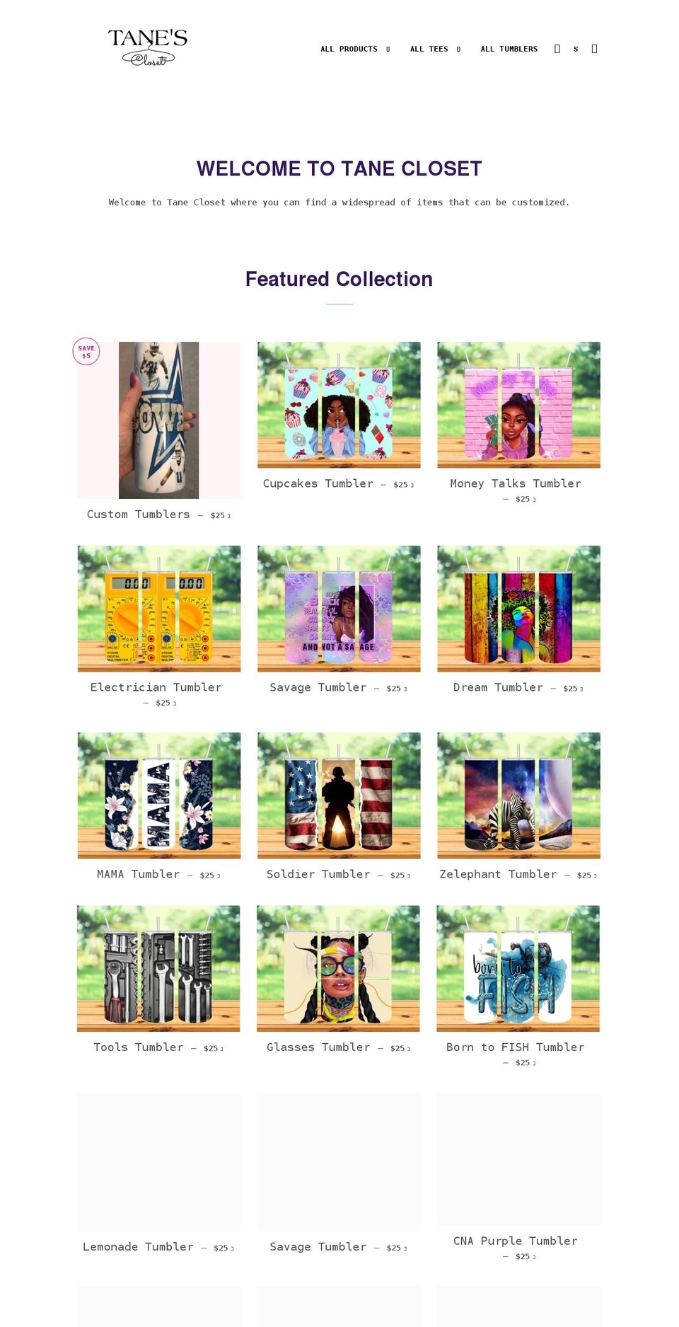 tanecloset.com shopify website screenshot