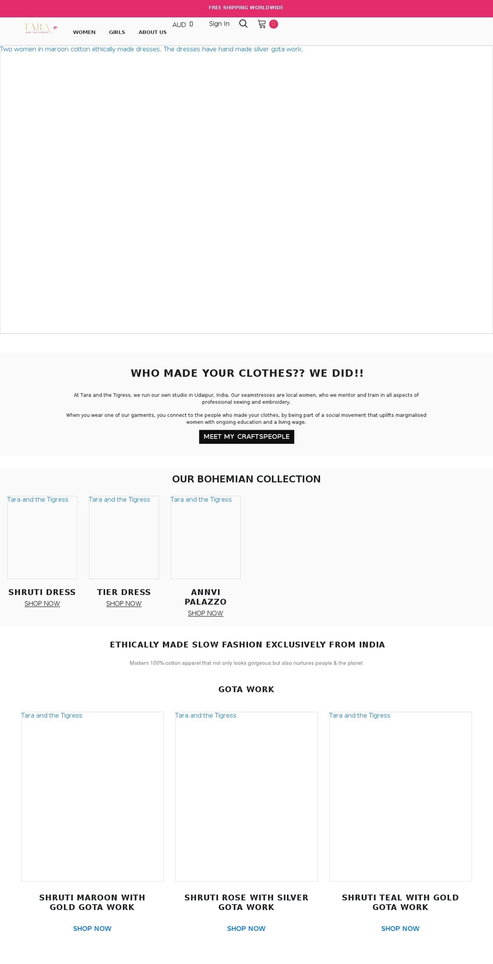 taraandthetigress.com shopify website screenshot