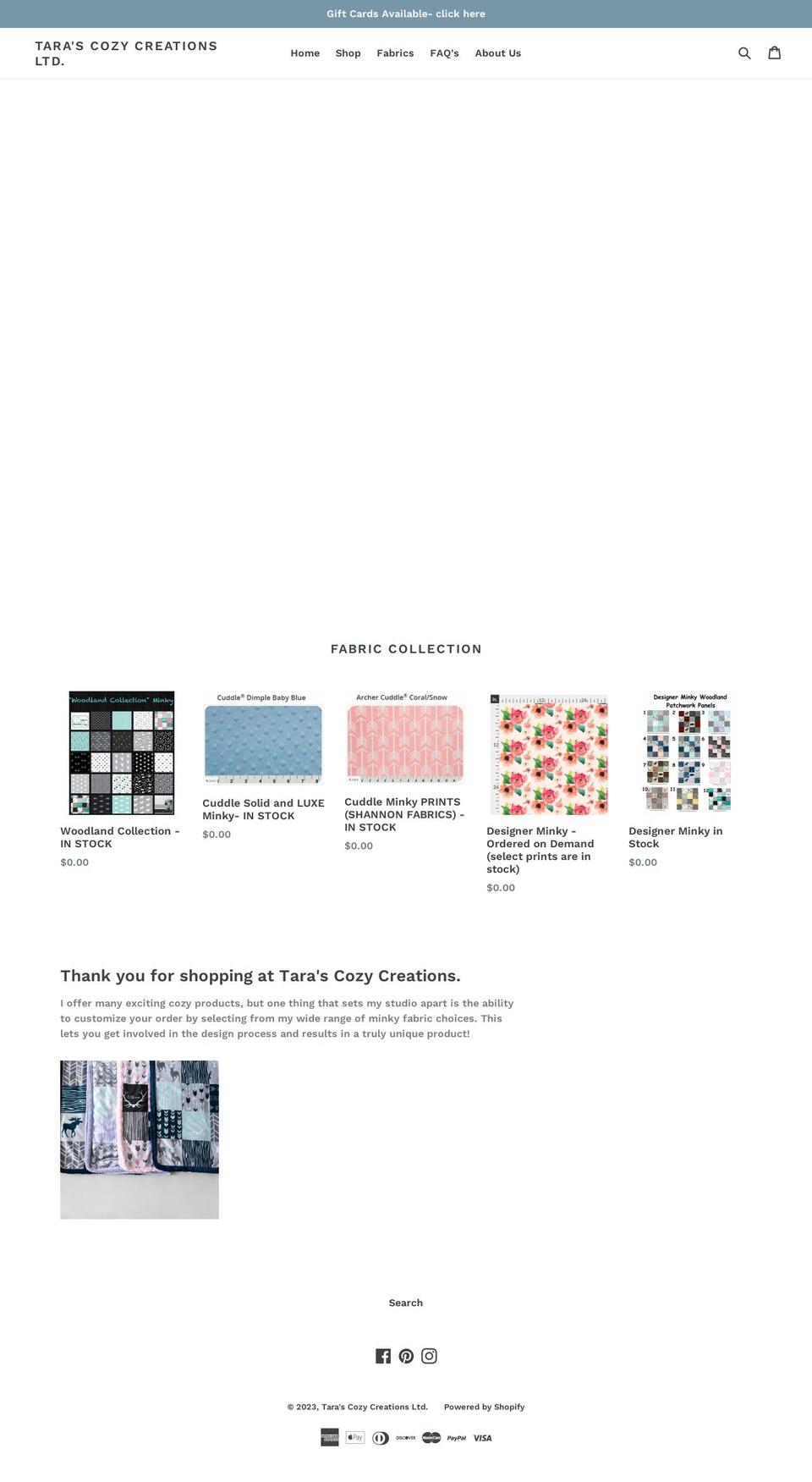 tarascozycreations.com shopify website screenshot