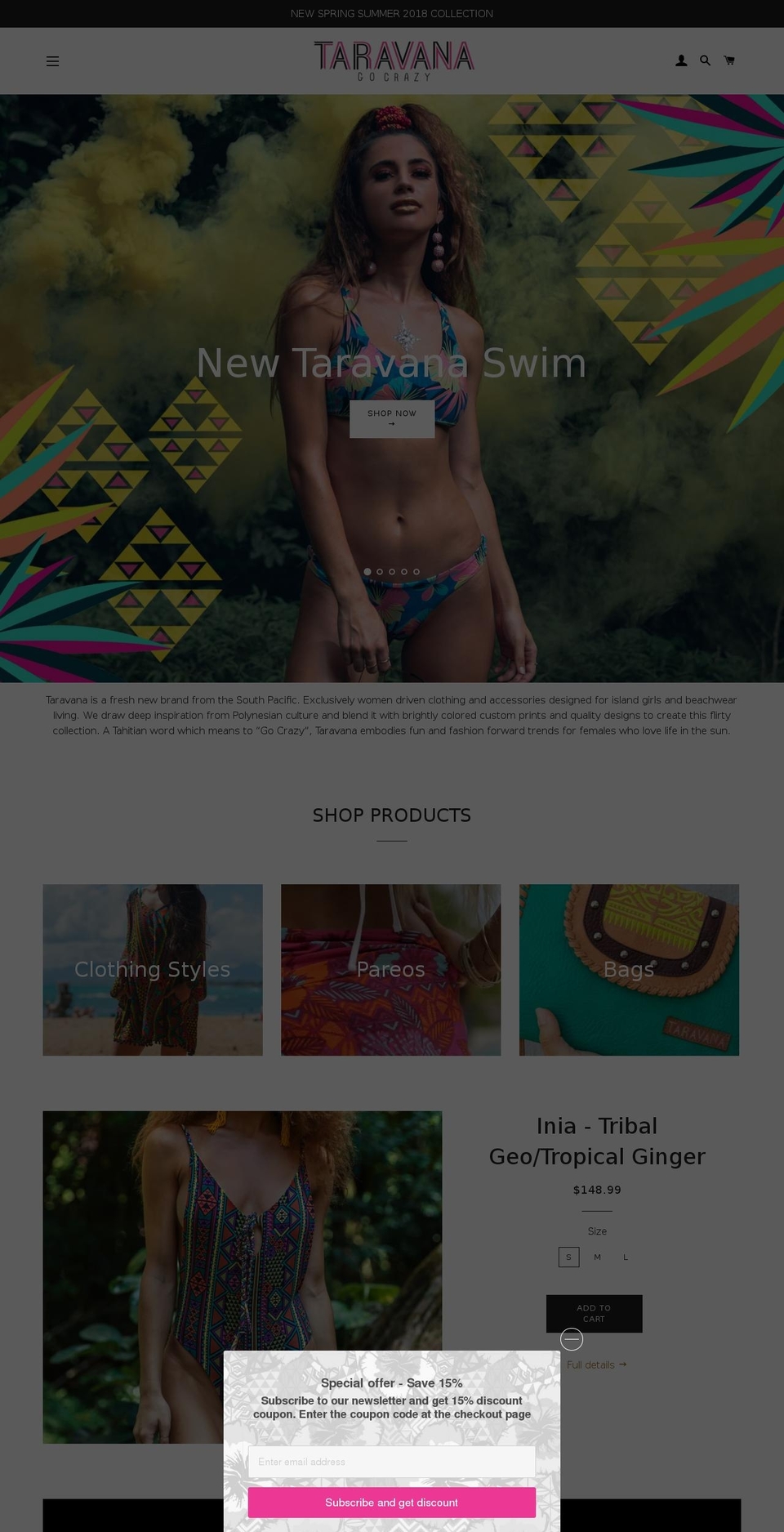 taravana.com shopify website screenshot