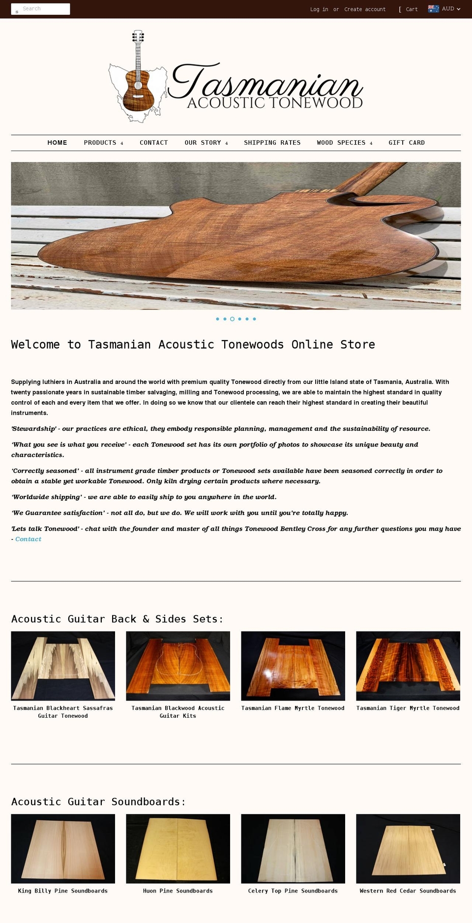 tasmanianacoustictonewood.com.au shopify website screenshot