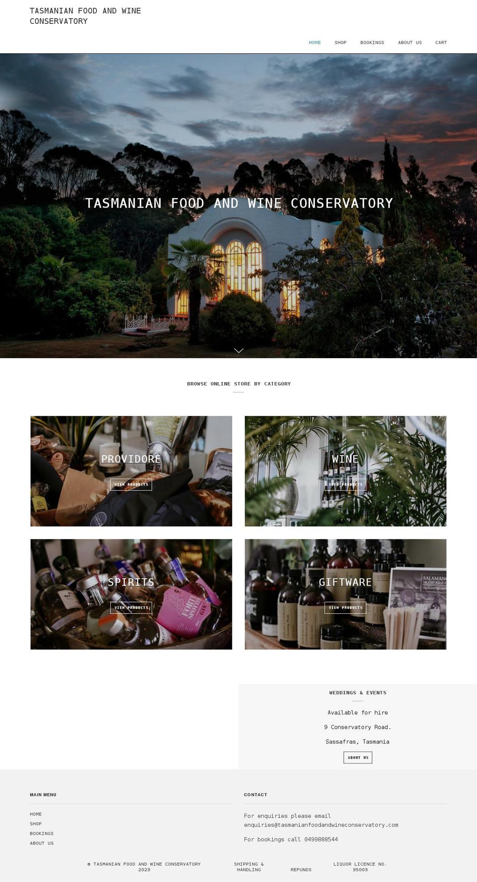 tasmanianfoodandwineconservatory.com shopify website screenshot
