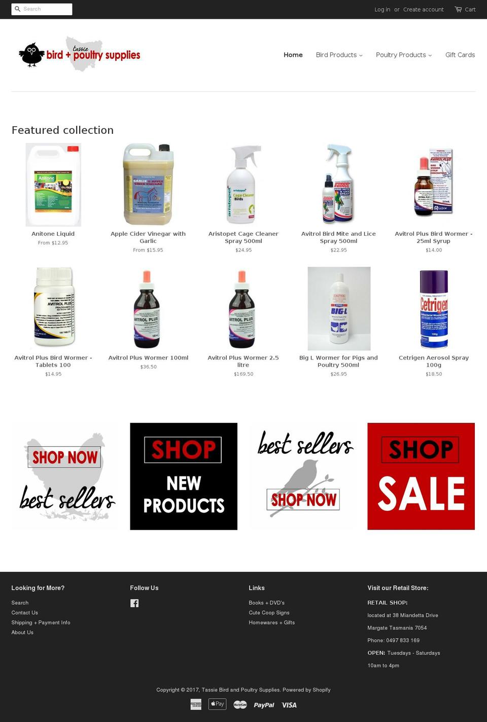 tassiebirdandpoultrysupplies.com shopify website screenshot