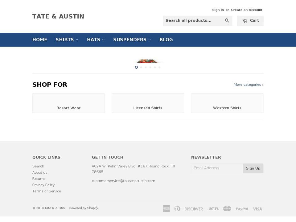 tateandaustin.com shopify website screenshot