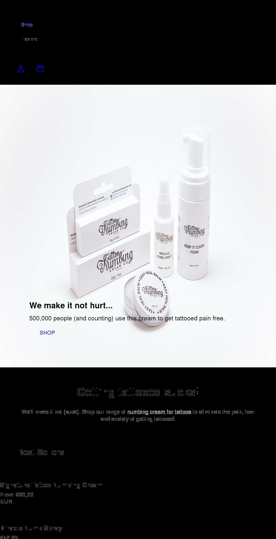 tattoonumbingcream.com shopify website screenshot
