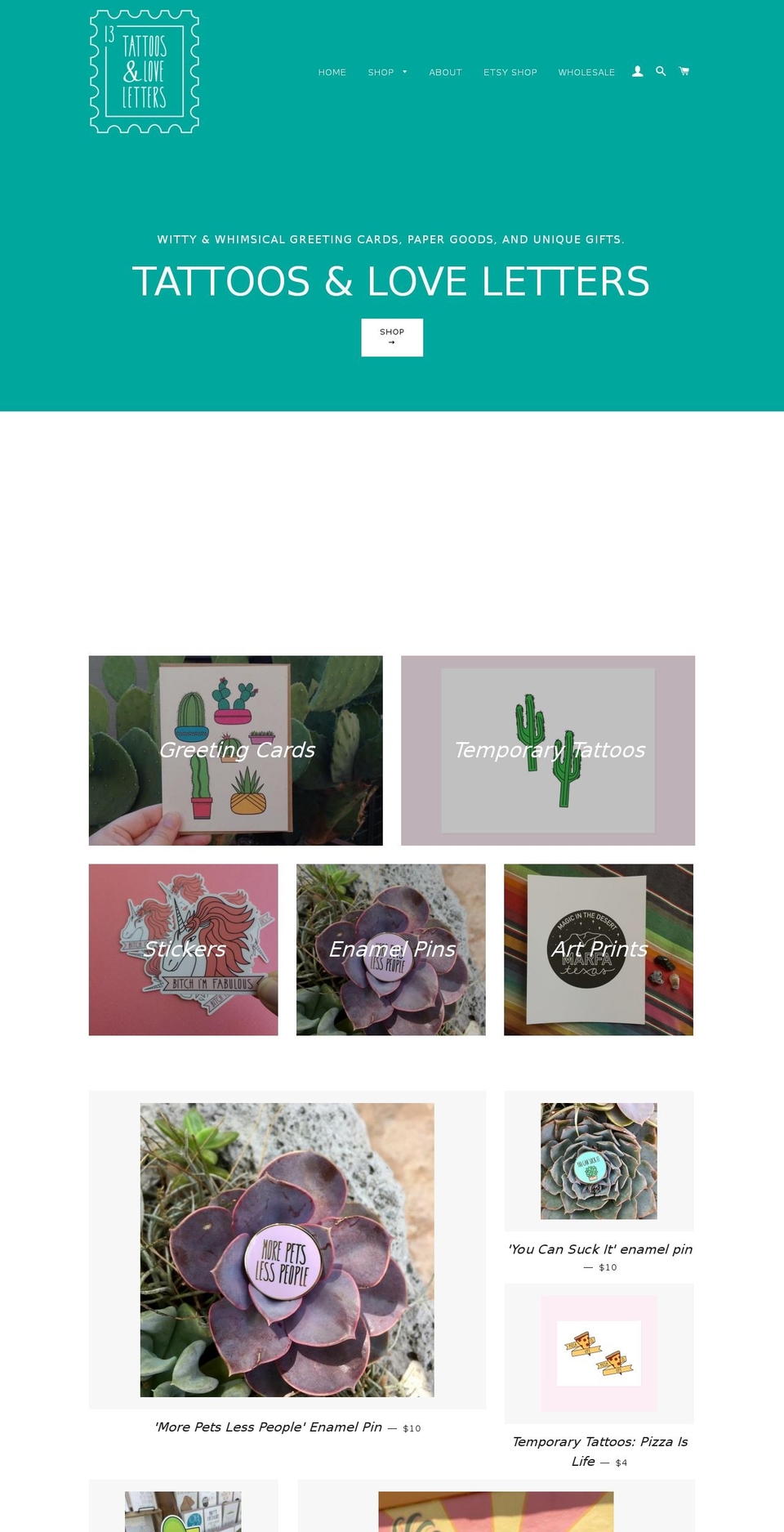 tattoosandloveletters.com — Shopify storefront screenshot