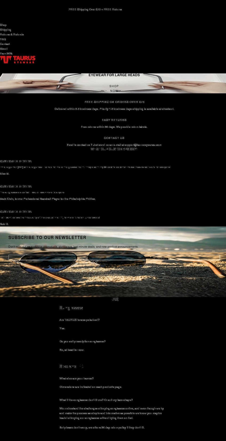 tauruseyewear.com shopify website screenshot