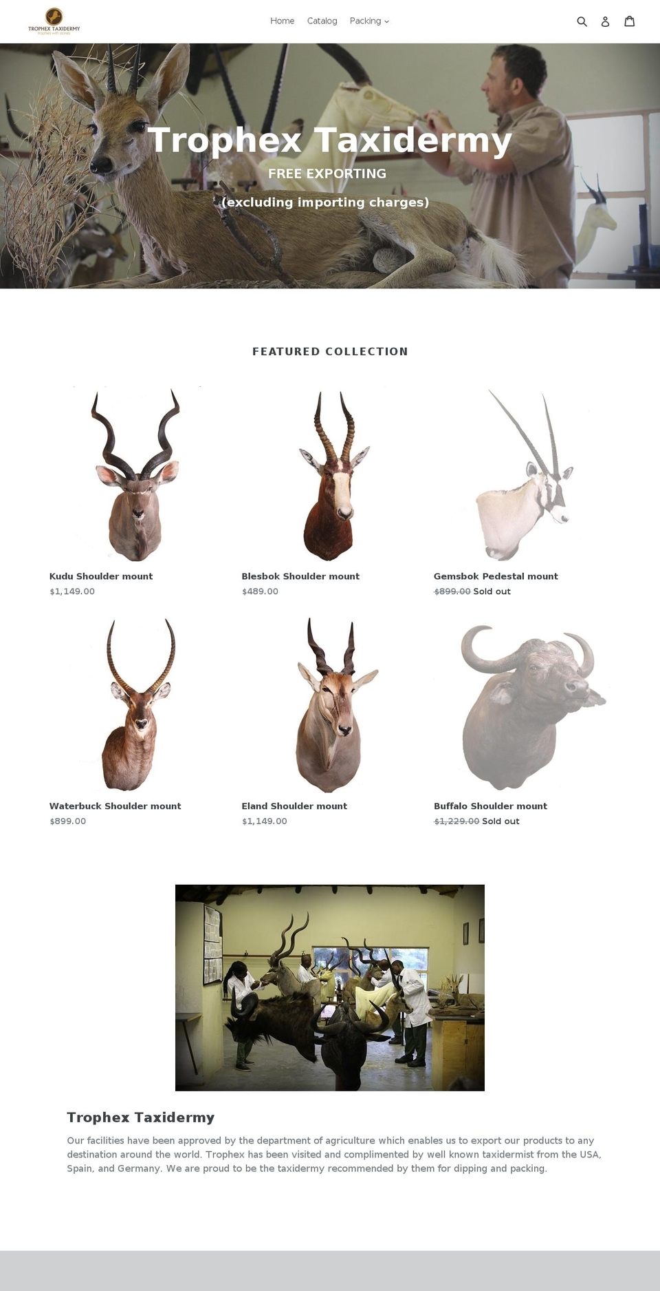 taxidermysales.com — Shopify storefront screenshot