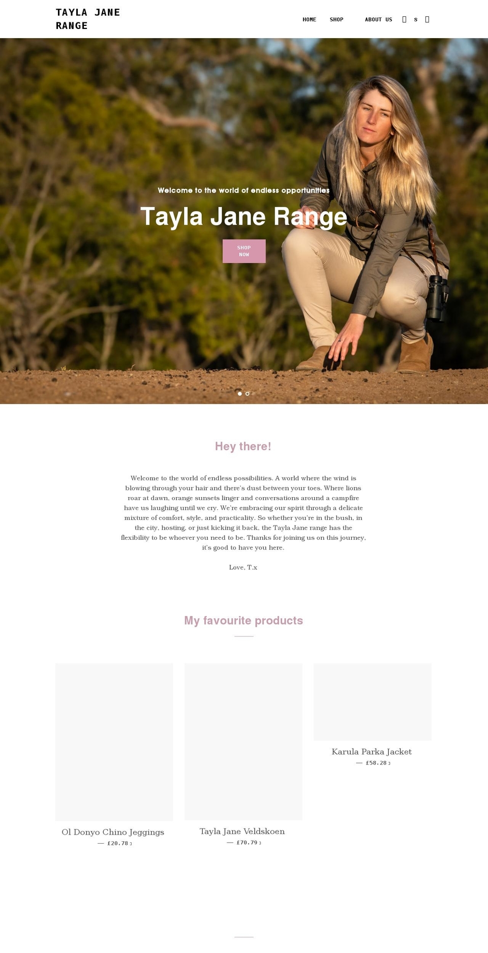 taylajanerange.com shopify website screenshot
