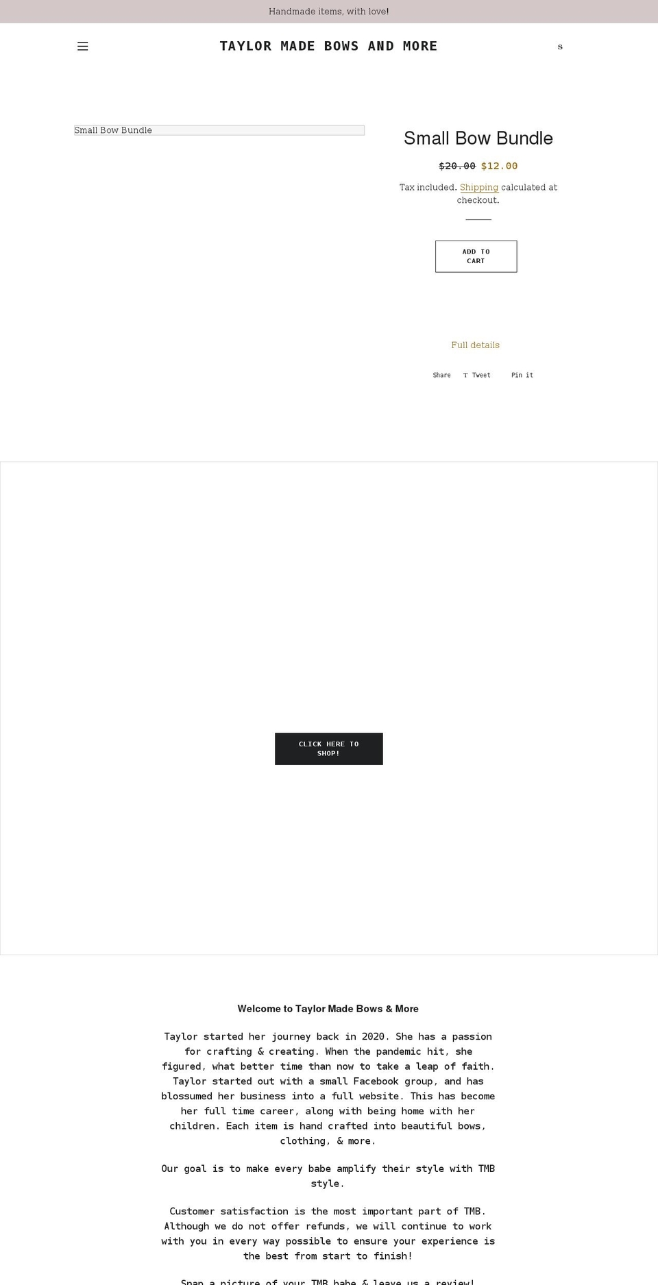 taylormadebowsandmore.com shopify website screenshot