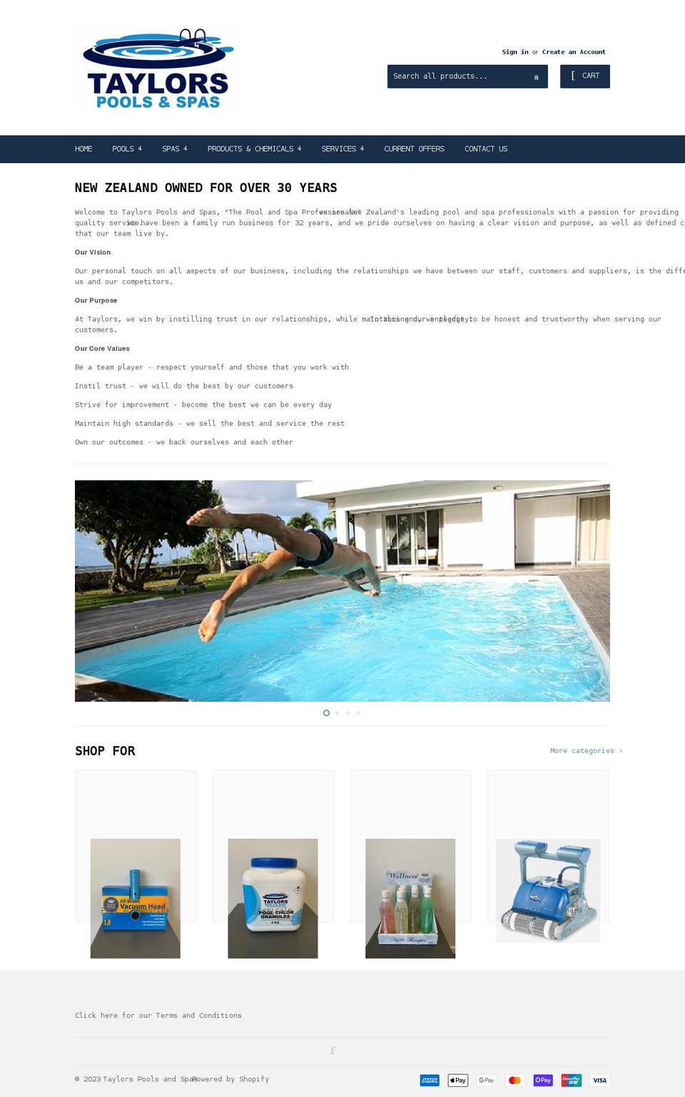 taylorspoolsandspas.co.nz shopify website screenshot