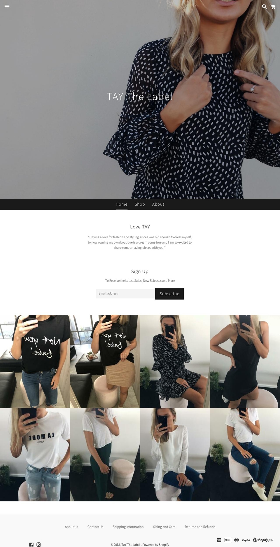 taythelabel.com — Shopify storefront screenshot