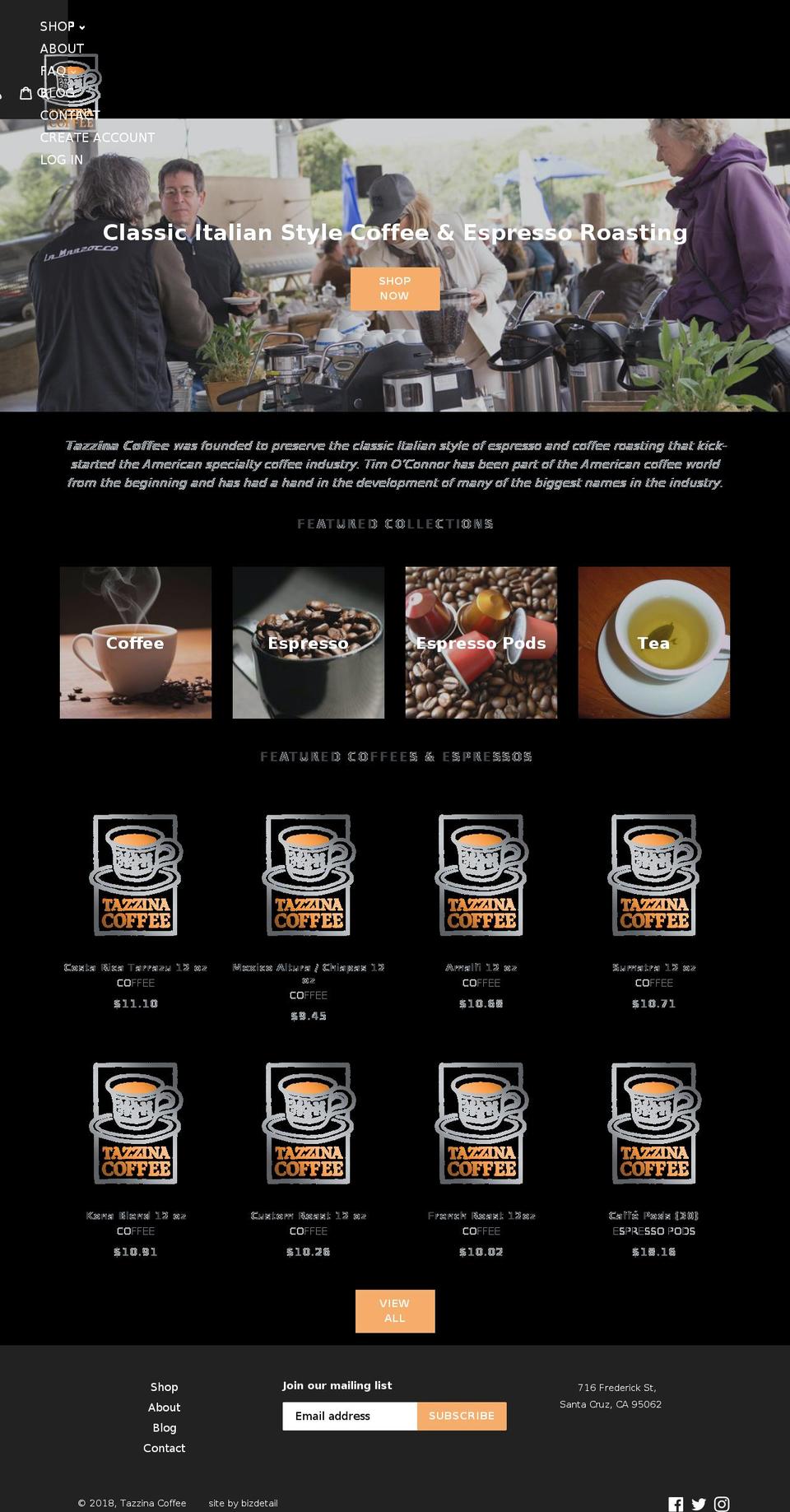 tazzinacoffee.com — Shopify storefront screenshot