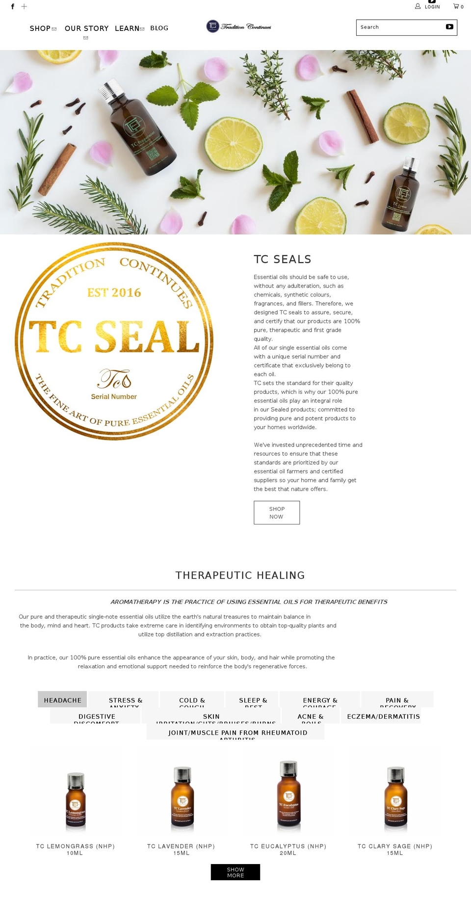 tcessentialoils.com shopify website screenshot
