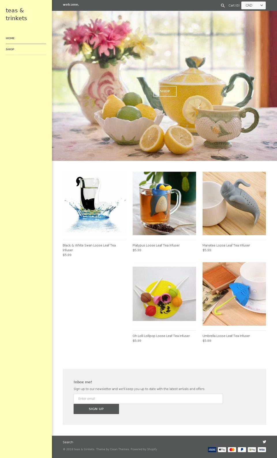 teasandtrinkets.com shopify website screenshot