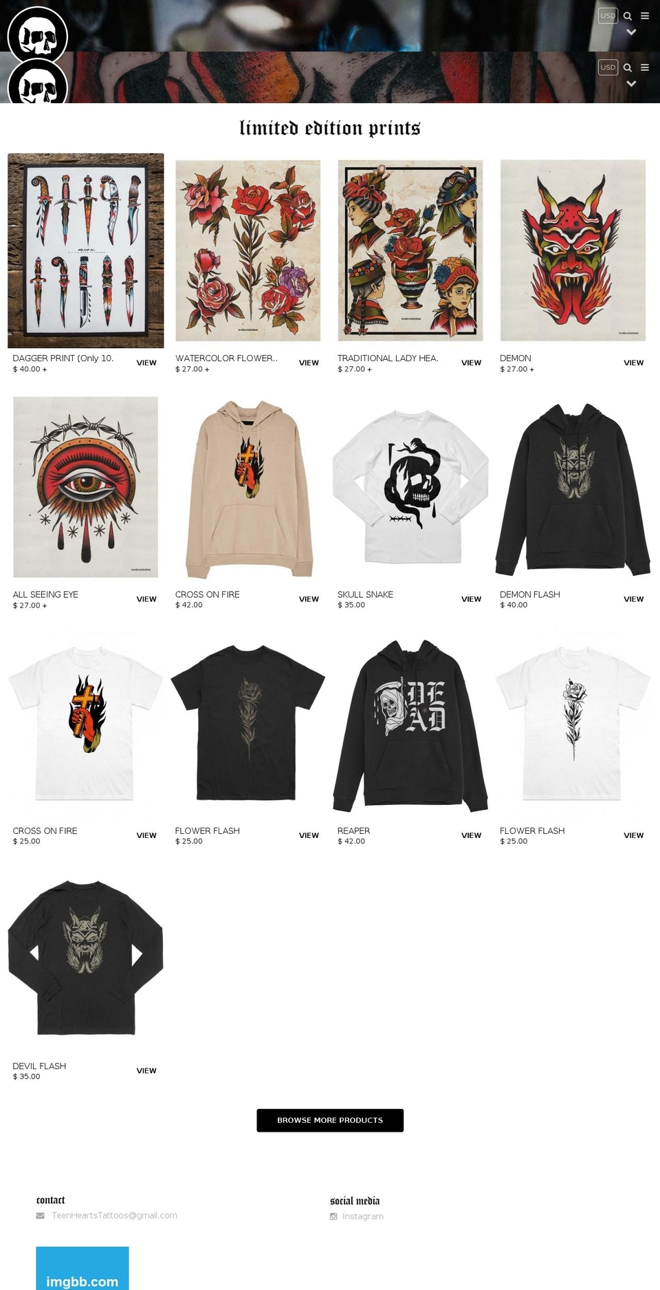 teenheartstattoos.com — Shopify storefront screenshot