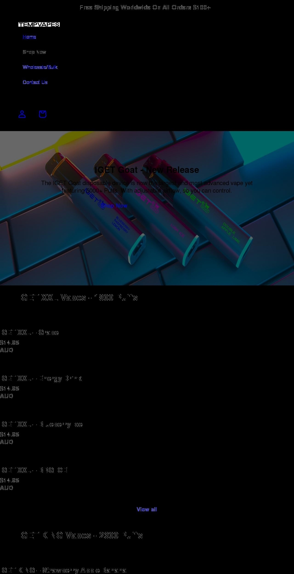 tempvapes.com shopify website screenshot