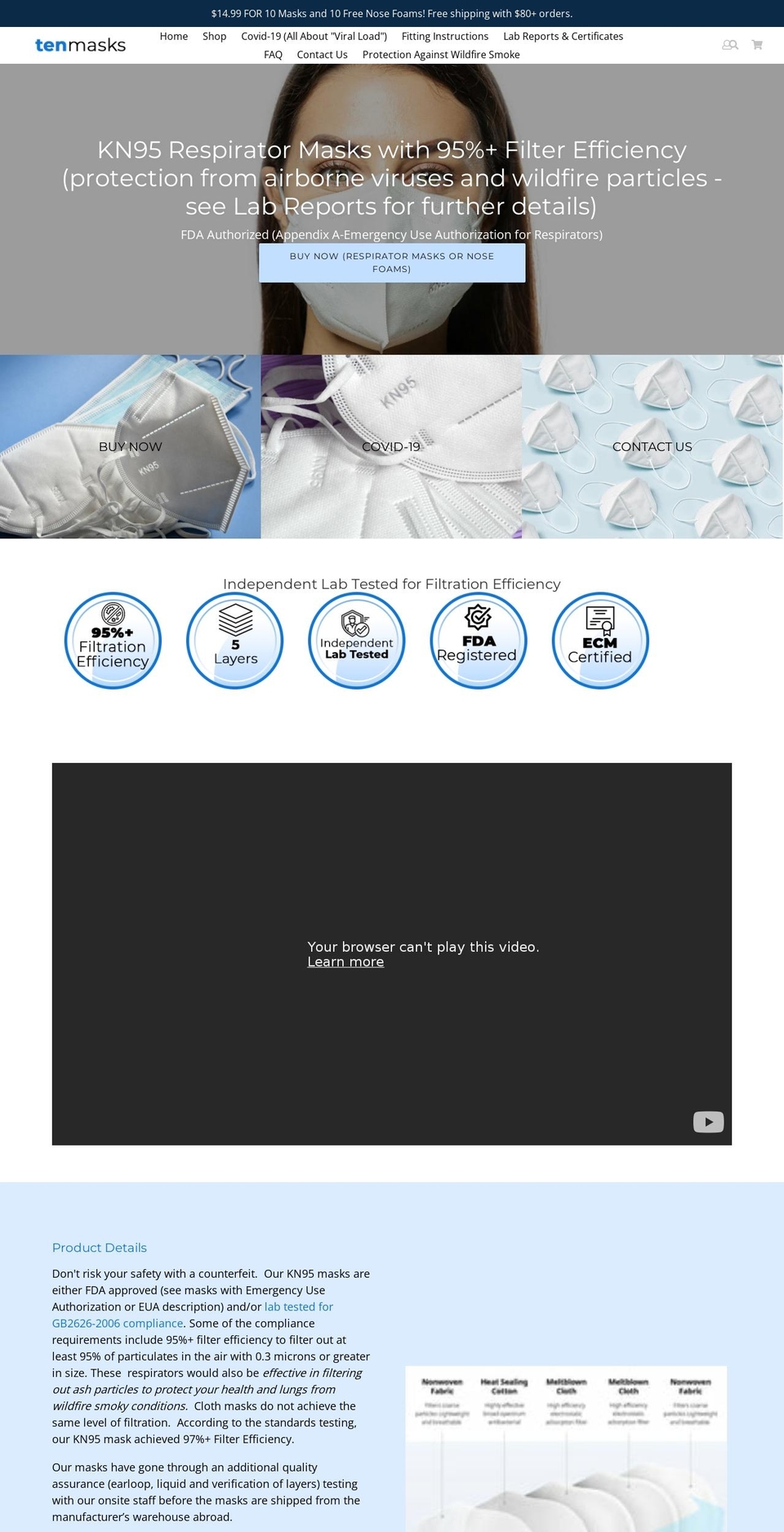 tenmasks.com shopify website screenshot
