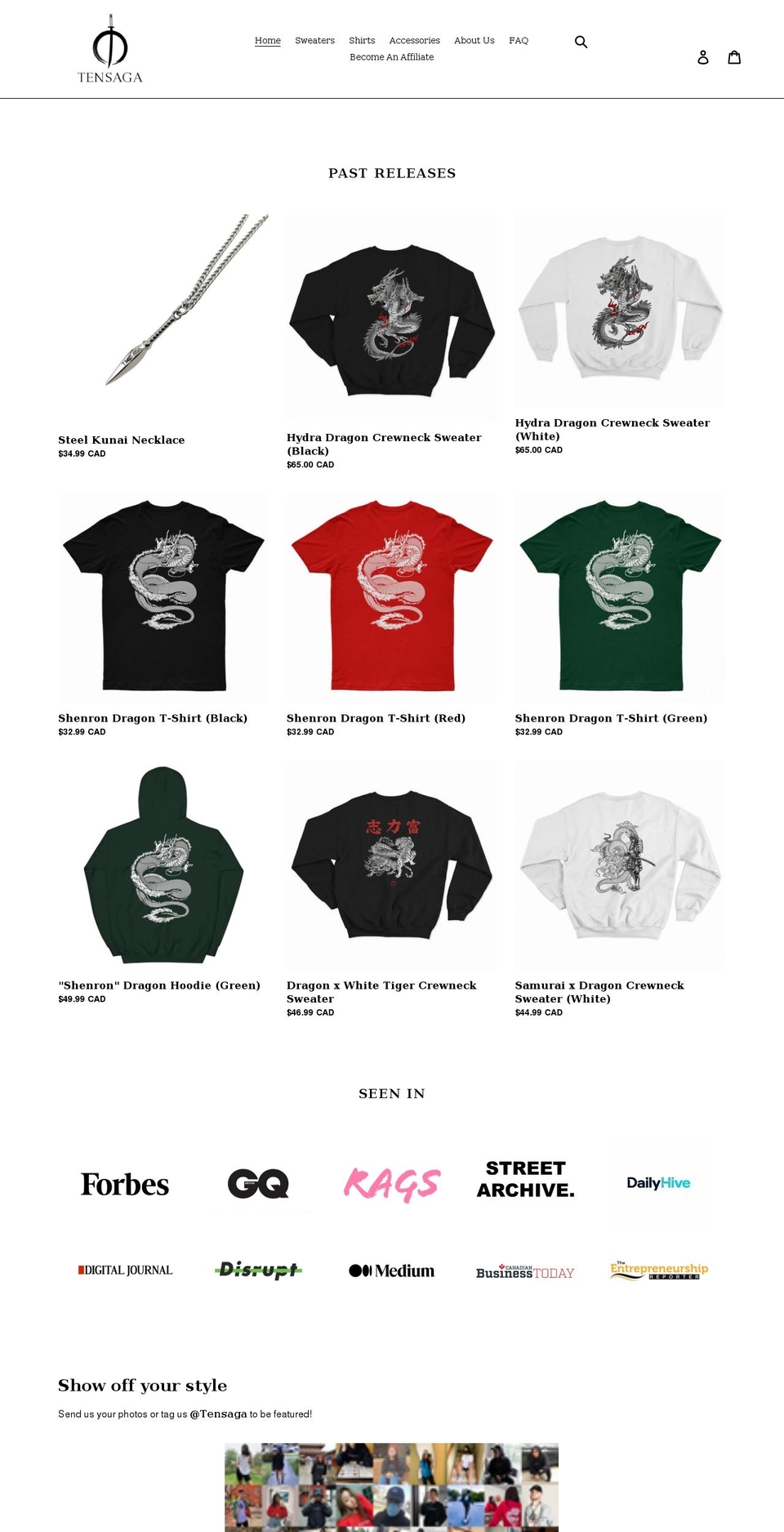 tensaga.com shopify website screenshot