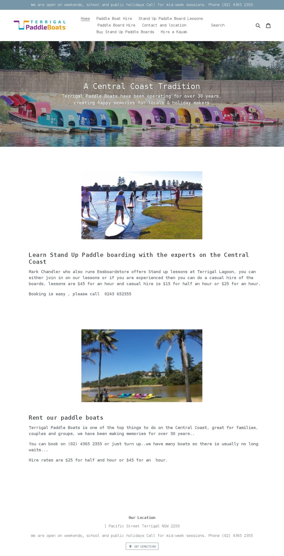 terrigalpaddleboats.com.au shopify website screenshot