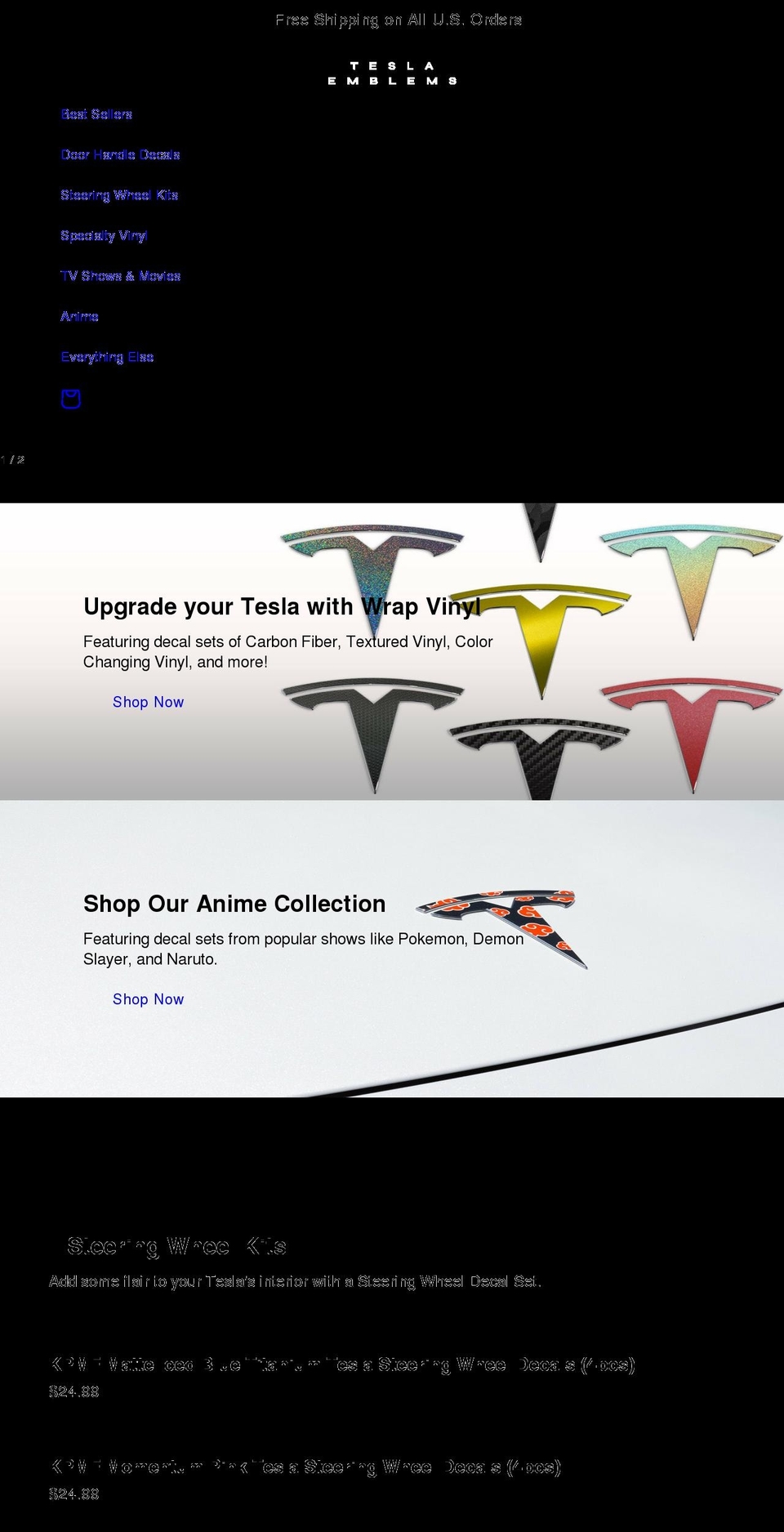 teslaemblems.com shopify website screenshot