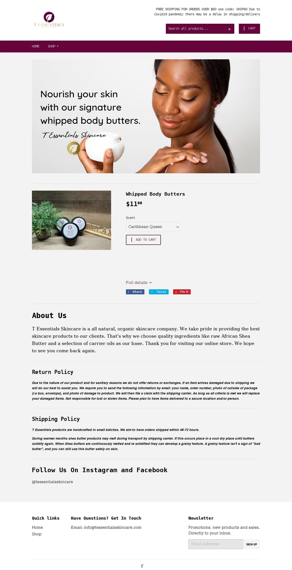 tessentialsskincare.com shopify website screenshot