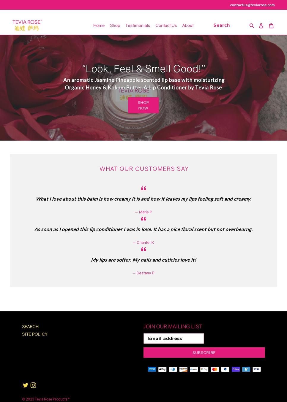 teviarose.com shopify website screenshot