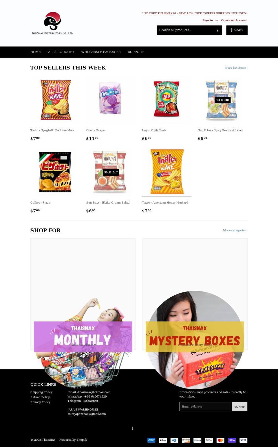 thaisnax.com shopify website screenshot