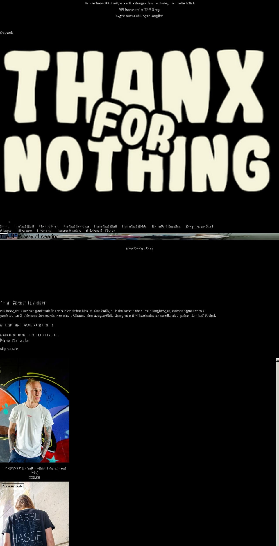 thanxfornothing.com shopify website screenshot
