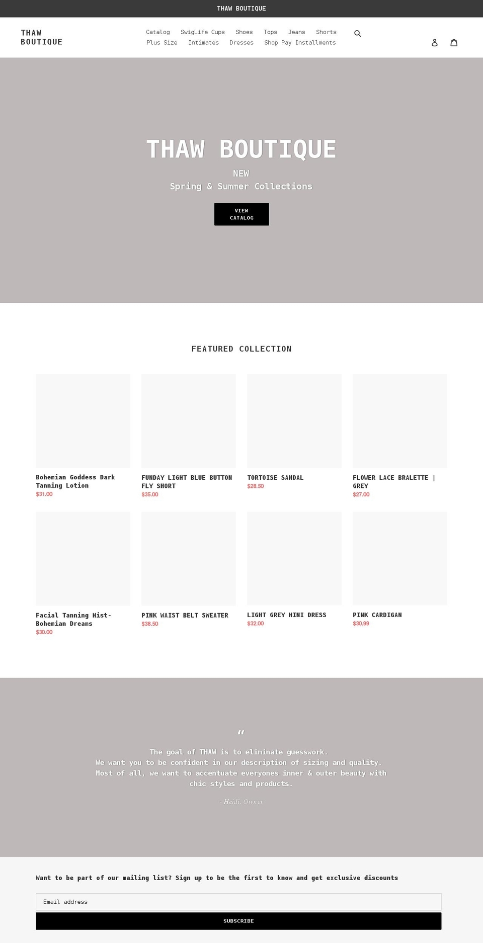thawboutique.com shopify website screenshot